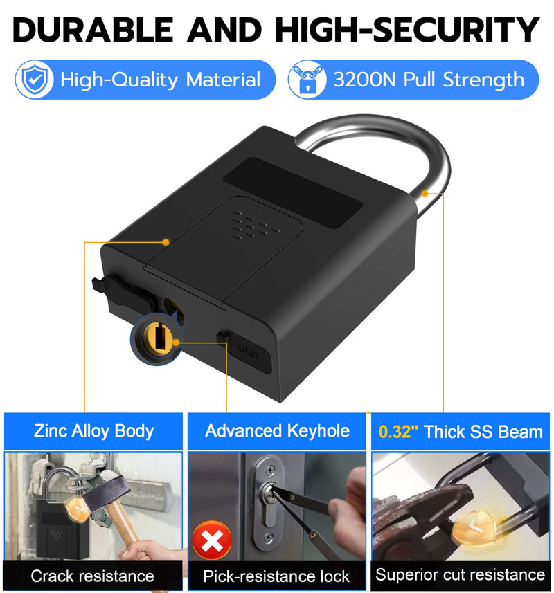eLinkSmart Fingerprint Padlock with Key Backup, Heavy Duty Weatherproof Bluetooth Biometric Keyless Electronic Digital Smart Pad Lock for Gate Outdoor Fence Storage Locker Pool Shed