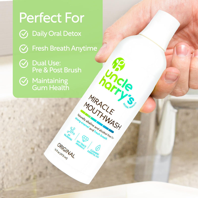 Uncle Harry's Natural Alkalizing Miracle Mouthwash | Adult & Kids Mouthwash for Bad Breath | pH Balanced Oral Care Mouth Wash & Mouth Rinse (16 fl oz) 16 Fl Oz