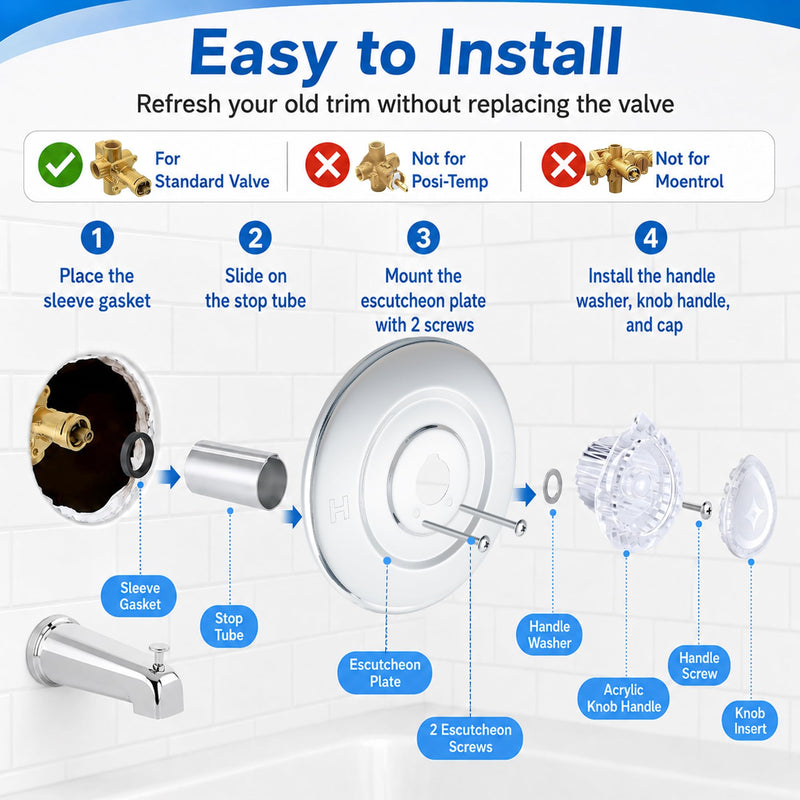 Shower Trim Kit Compatible with Moen T470 Chateau Shower Trim Kit, 1225 Cartridge trim kit Compatible with Moen Single Handle Tub/Shower Standard Valve, Escutcheon, Tubes and Handle (Chrome) Polished Chrome