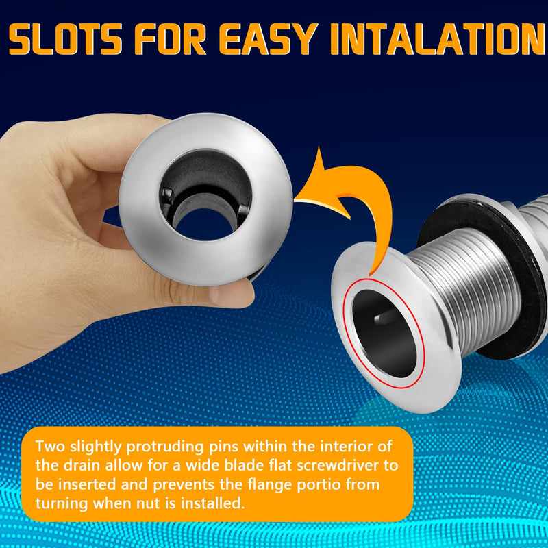 Thru Hull Fittings for Boats, Stainless Steel Yacht Through Hull Connecter with Straight Barb, Marine Barbed Hose Skin Fitting Drain for 3/4 inch I.D. Hose, 1 inch I.D. Hose 1'' ID