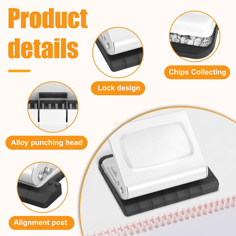 10 Hole Punch Binding Machine for Planners with 10 Multi-Color Binder Rings, 30 Holes on A4, 20 Holes on A5, 26 Holes on B5, 10 Sheet Capacity (White)