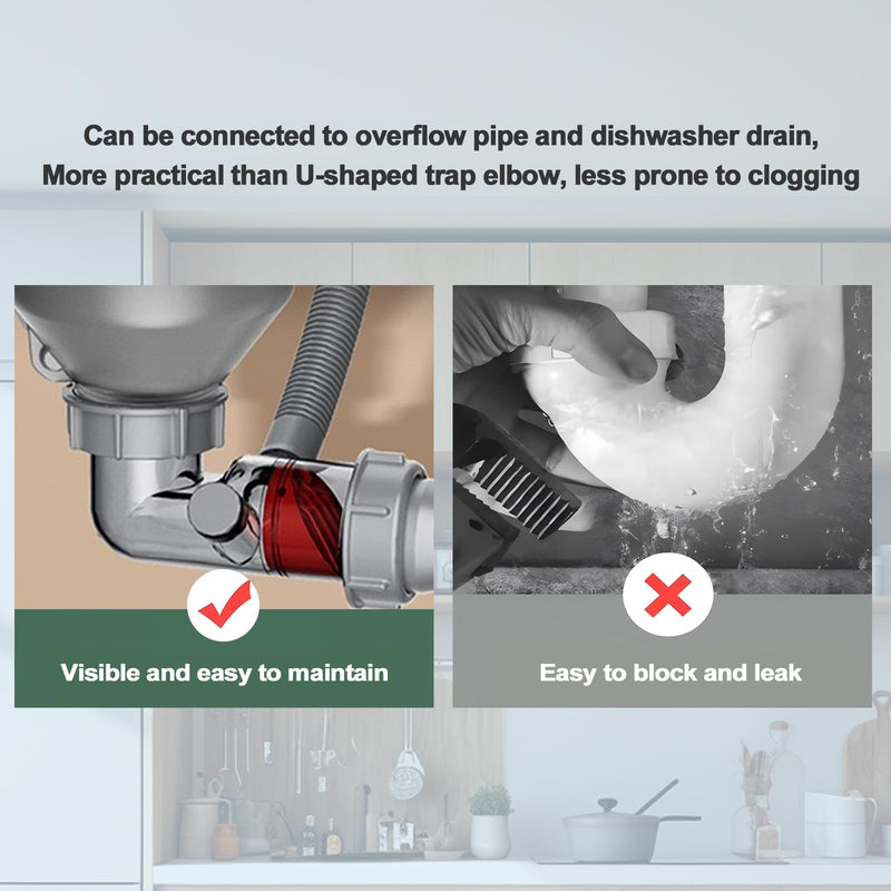 Double Sink Drain Kit Flexible 1 1/2 Inch P-Trap Pipe Comes with Visual One Way Drain Valve 4-Way Connector for Bathroom Kitchen Sink Dishwasher Garbage Disposer Drain Pipe 1 1/2 inches Gray