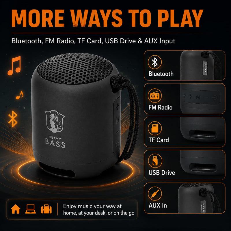 HEAVY BASS Portable Bluetooth Speaker, Wireless Mini Speaker with Bluetooth 5.4, TWS Pairing, FM Radio, TF Card, USB Drive, AUX Input, 5W Sound, Built-in Mic for Calls, Black