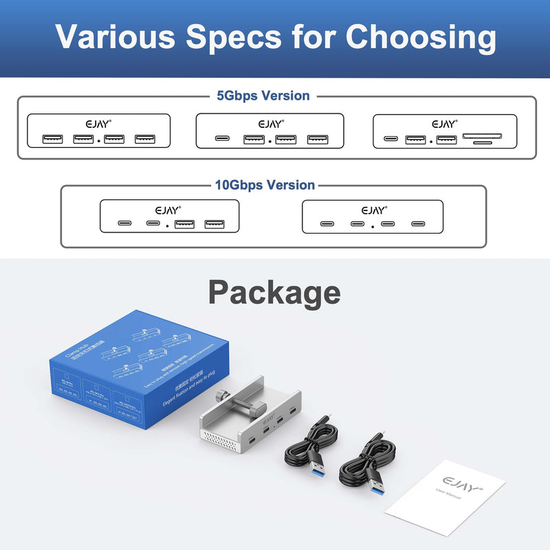 EJAY 10Gbps USB C Hub 4Ports Aluminum USB 3.2 Docking Hub Clamp Design for Desk/Computor with Extra Power Supply Port and 47inches Long Data Cable&39inches Power Cable (BJ-4C-SV) with 4 USB C Silver