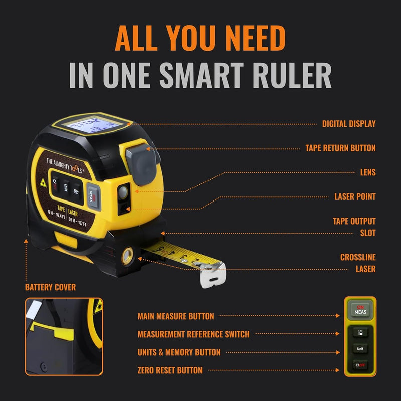 The Almighty Ruler Laser Tape Measure | Laser Distance Measurer, Heavy-Duty Tool with Cross Marking Feature, Smart Range Finder, Easy-Read Display, Ft & Metric Measurement | 131 ft | 43 yd | 40 m 40m Yellow