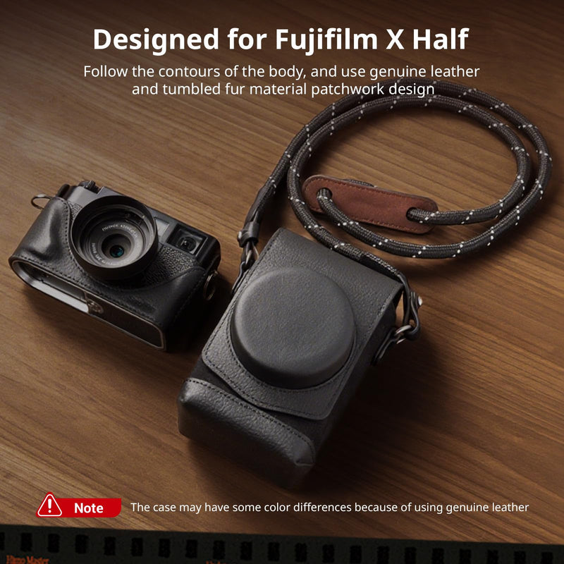 SMALLRIG Leather Case Kit for FUJIFILM X Half, Retro Style Full-Cover Carrying Bag with Half Leather Case, Built-in Card Pocket, Portable and Protecting with Woven Shoulder Strap (Black) - 5219 Black