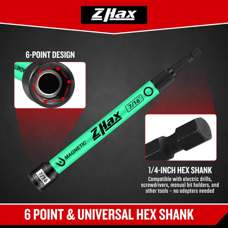 ZHAX 6-Piece Magnetic Hollow Impact Nut Drivers Set, 6-Inch Extra Long SAE 1/4" - 9/16", 1/4 Inch Hex Drive, Color Coded Impact Nut Setters With EVA Storage Organizer 6-Piece SAE