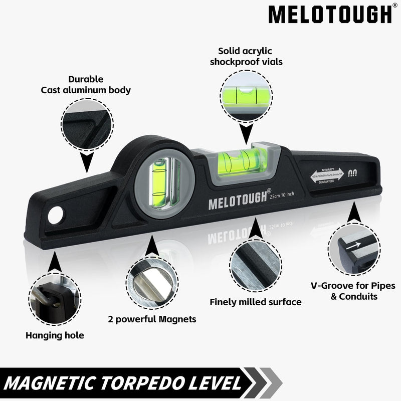 MELOTOUGH 10 Inch Die-Cast Magnetic Torpedo Level,Magnetic Level for Carpenter,Construction,Scaffolding, Plumbing,Torpedo Level with Rare Earth Magnet,Pencil and Holster,Black Black-1PCS