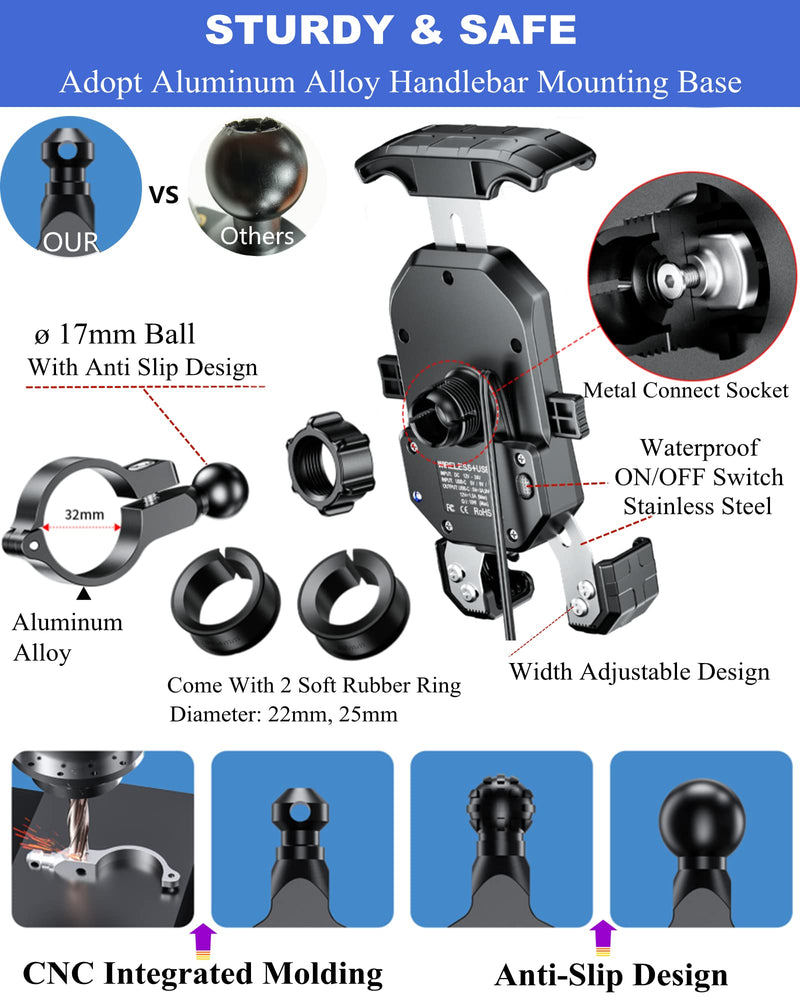 BRCOVAN Motorcycle Phone Mount Holder with Qi 15W Wireless Charger & PD/USB-C 20W Fast Charging Port, [1s Lock] Cellphone Cradle with Aluminum Alloy Handlebar Mounting Base for 4-7'' Smartphone