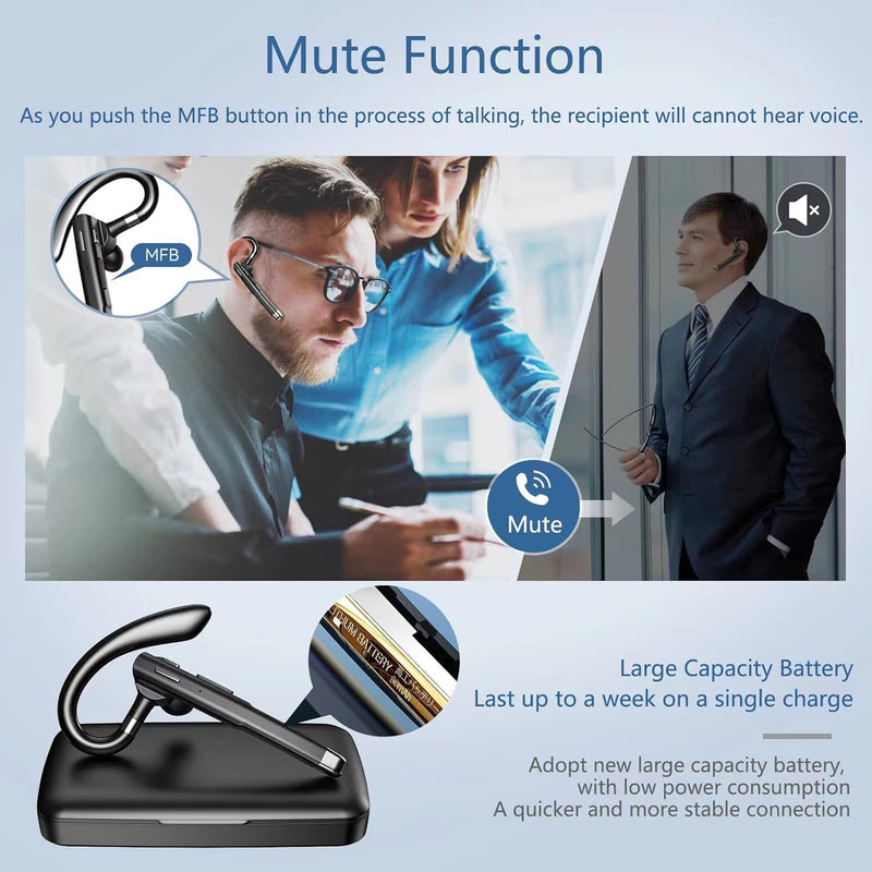 Bluetooth Headset with Microphone, Wireless Bluetooth Earpiece for Work, Trucker Headset with ENC Noise Cancelling Mic, 72H Charging Case, Bluetooth 6.1 Hands Free for Driving Office PC Phone, Black