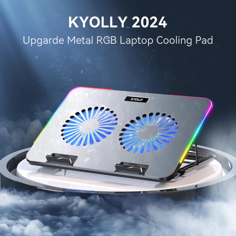 RGB Gaming Laptop Cooling Pad with Metal Panel, 2 Ultra Quiet Big Fans, 10 Lighting Modes, Phone Stand & 7 Height Adjustable Ergonomic Cooler for 10-15.6 Inch Laptops Silver