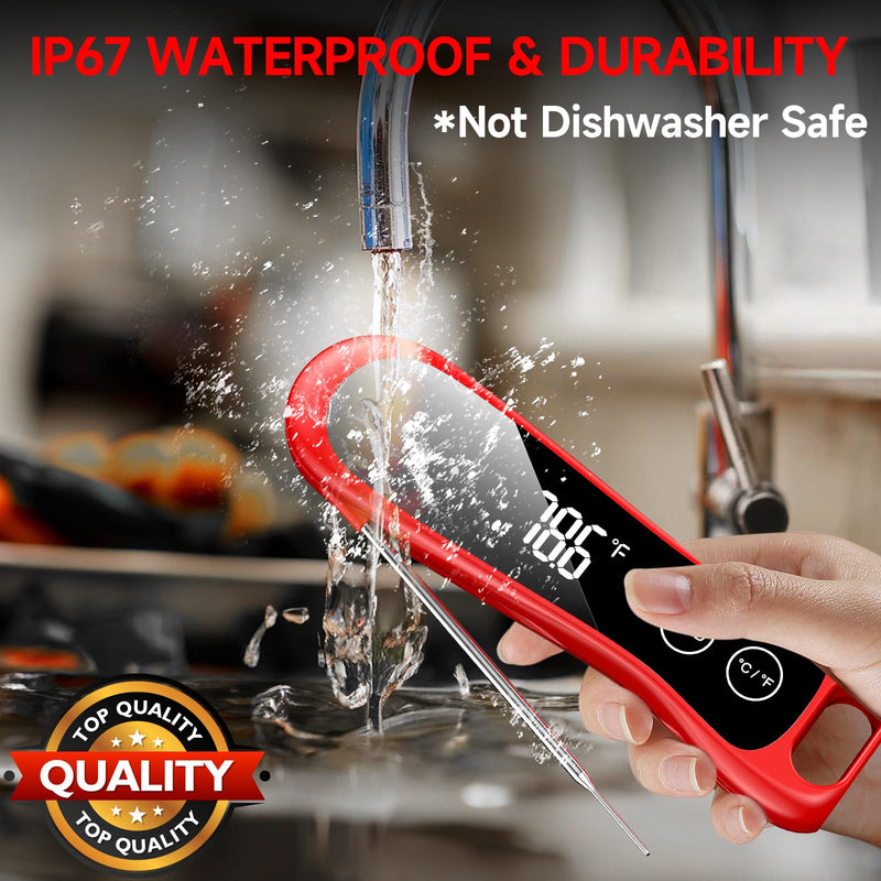 2025 Upgraded Meat Thermometer Digital-1 Second Instant Read Food Thermometer with Large LED Display-IP67 Waterproof Kitchen Thermometer for Grilling and Cooking for Oven, BBQ, Smoker, Candy, Turkey Red