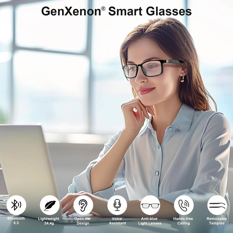 GenXenon Smart Glasses for Men Women, Blue Light Blocking Bluetooth Glasses with Removable Temples, Open-Ear Design, 24.4g Music Eyewear for Driving/Working/Gaming Black
