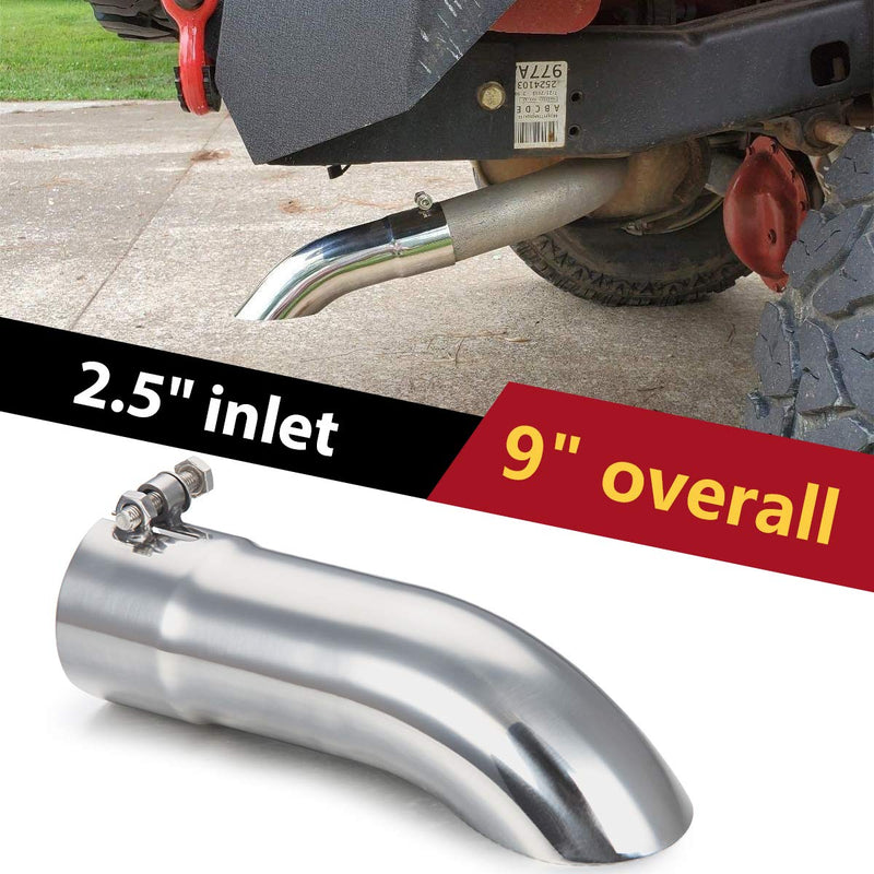 LCGP 2.5 Inch Inlet Turn Down Exhaust Tip, 2 1/2 Inch Inside Diameter Inlet, 9’’ Length Stainless Steel Turndown Exhaust Pipe Silver