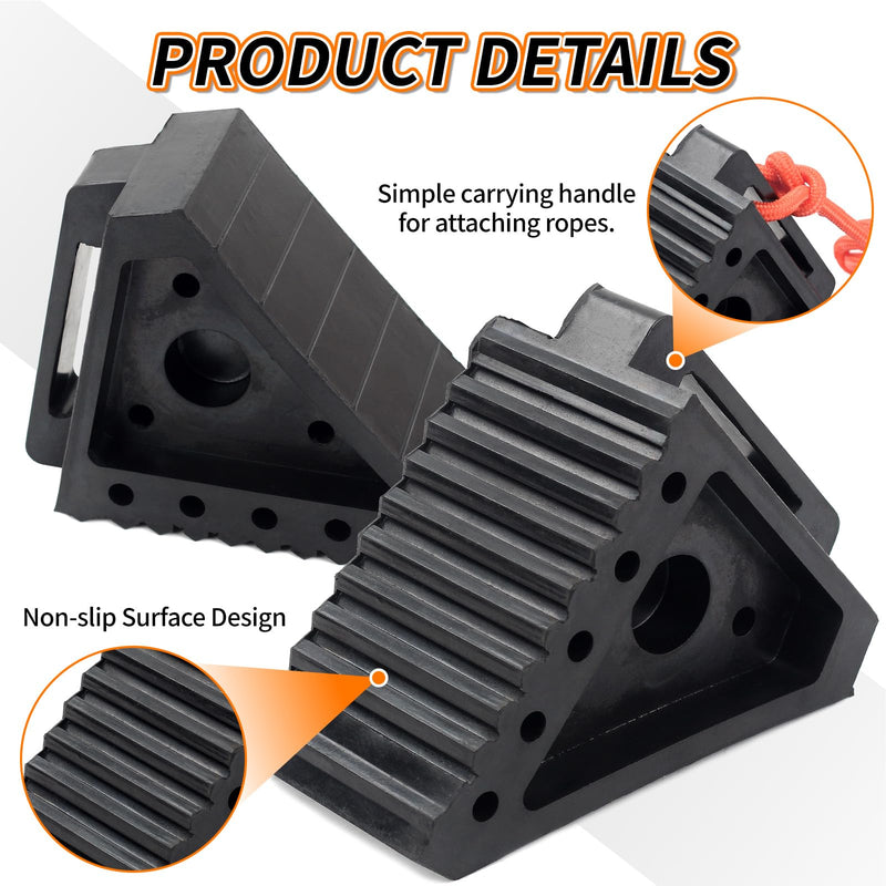 Premium Rubber Wheel Chocks with Carry Handles, Solid RV Tire Chocks for Camper, Travel Trailer, Trucks or ATV, Stable and Durable, 8.5" x 4" x 6" (4-Pack)