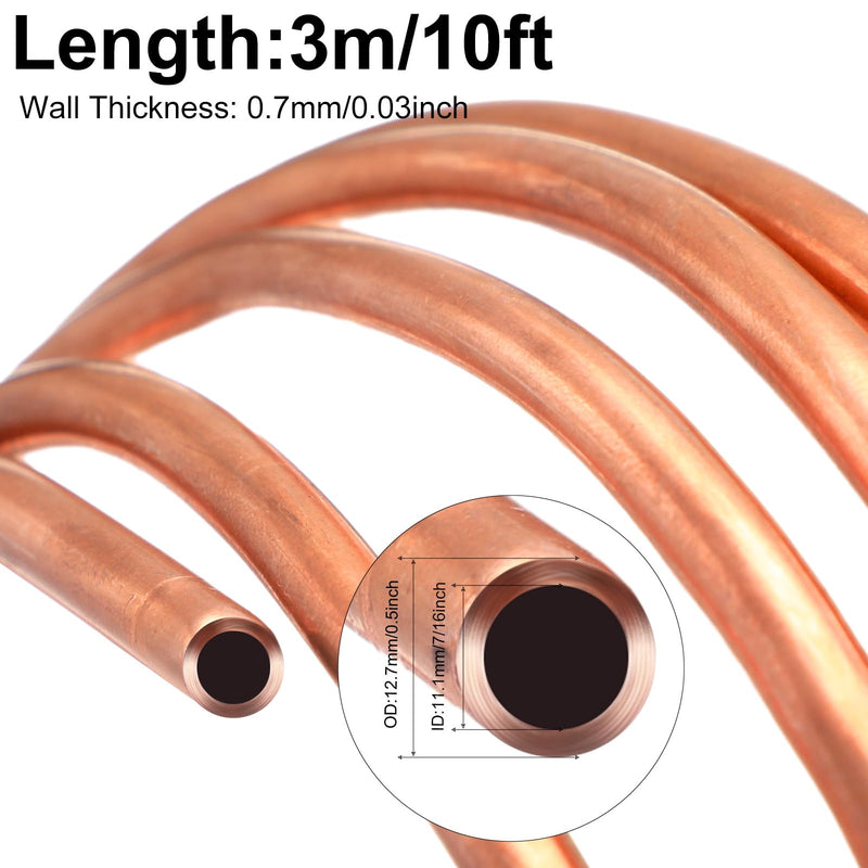 Yaocom Copper Tube 1/2" OD x 7/16" ID x 10 Ft Refrigeration Copper Tubing T2 Copper Tube Soft Coil Copper Tubing for Air Conditioners, DIY Projects, Refrigerators, Industry 0.5 Inch