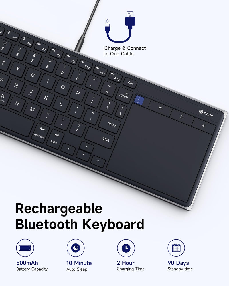 CZUR K5S Bluetooth Keyboard with Touchpad, Wireless & Wired Keyboard | Rechargeable Keyboard with Trackpad for PC/Laptop/Tablet/Phone, Portable Keyboard, for Windows/Mac/Android/iOS