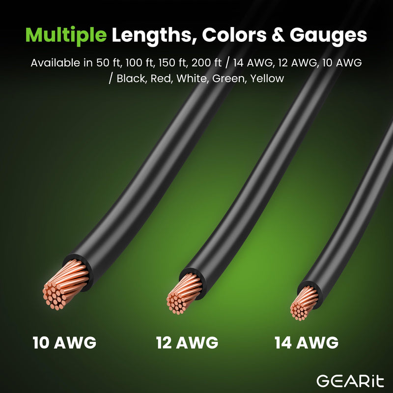 GEARit 14 Gauge THHN Copper Building Wire 100 Ft, 14 AWG Stranded Single Conductor Electrical Wire, 600V 90°C PVC/Nylon Jacket for Conduit, Raceway, Branch Circuit Wiring, Black 100 Feet Stranded THHN
