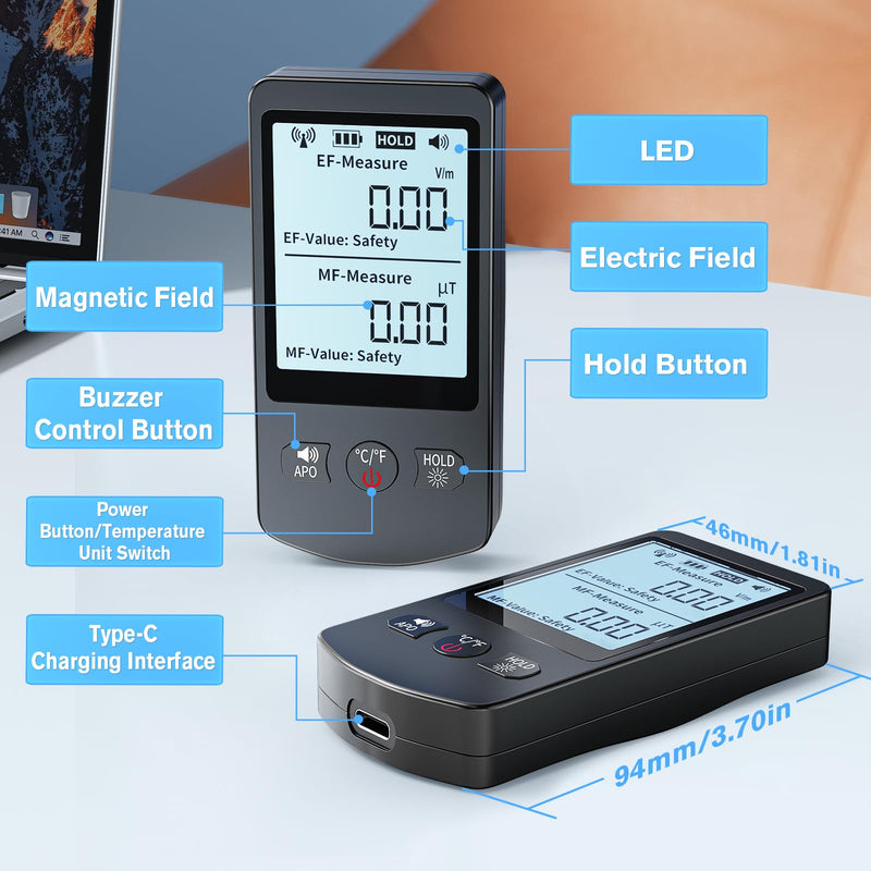 COLOR TREE EMF Meter Rechargeable Electromagnetic Field Upgrated 3-in-1 Radiation Detector Handheld Digital LCD Temperature Measure - Tester for Home Inspections - Outdoor and Ghost Hunting With LCD EMF Meters