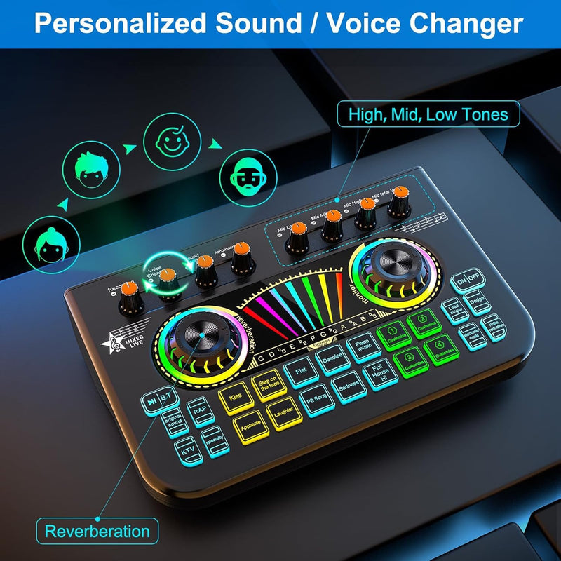 Gaming Audio Mixer Sound Board Mixer w USB Audio Interface Voice Changer, All-in-One Podcast Live Sound Card for Streaming w Soundboard Customizable Soundpads for PC Smartphone Recording Broadcasting BYS-X3-LBACK