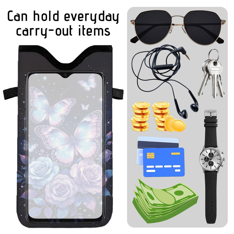 GLOBLELAND Butterfly Cell Phone Sleeve Pouch Case Bag 7.1×3.9 inch Rose Insect Shockproof Universal Phone Bag with Crossbody Strap Neck Lanyard for Women Men Phone Headphones Watch