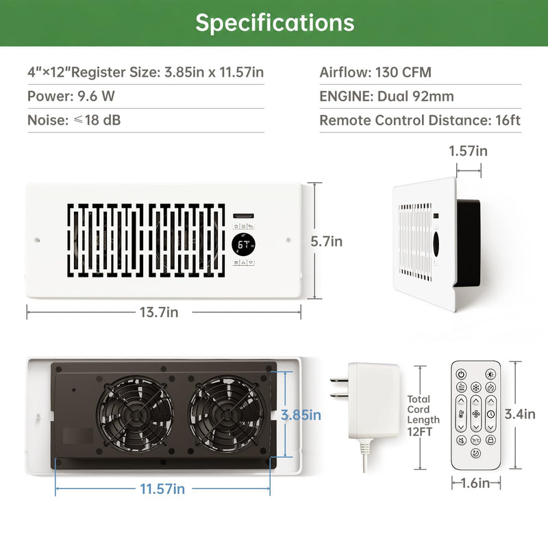 Smart Register Booster Fan for 4” x 12” Vents, Thermostat Control Improves Heating/Cooling, 10-Speed Quiet Vent Fan Booster with Remote Control for Floor or Wall Ducts 4" x 12" Haze White