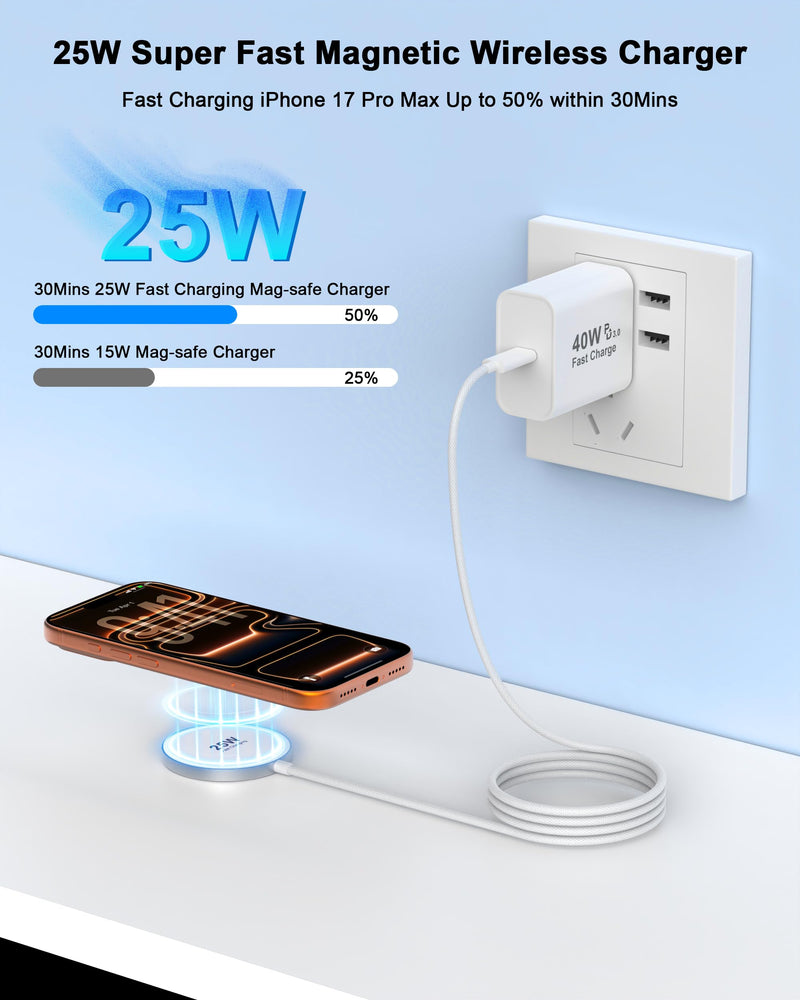 Apple MFi Certified Apple MagSafe Charger 25W 5FT Magnetic Wireless Charger | Linocell Fast Phone Wireless Charging Pad with 20W USB C Charger for iPhone 17 17 Pro 16 Pro 15 14 13 12 Series & AirPods Pro Milky White