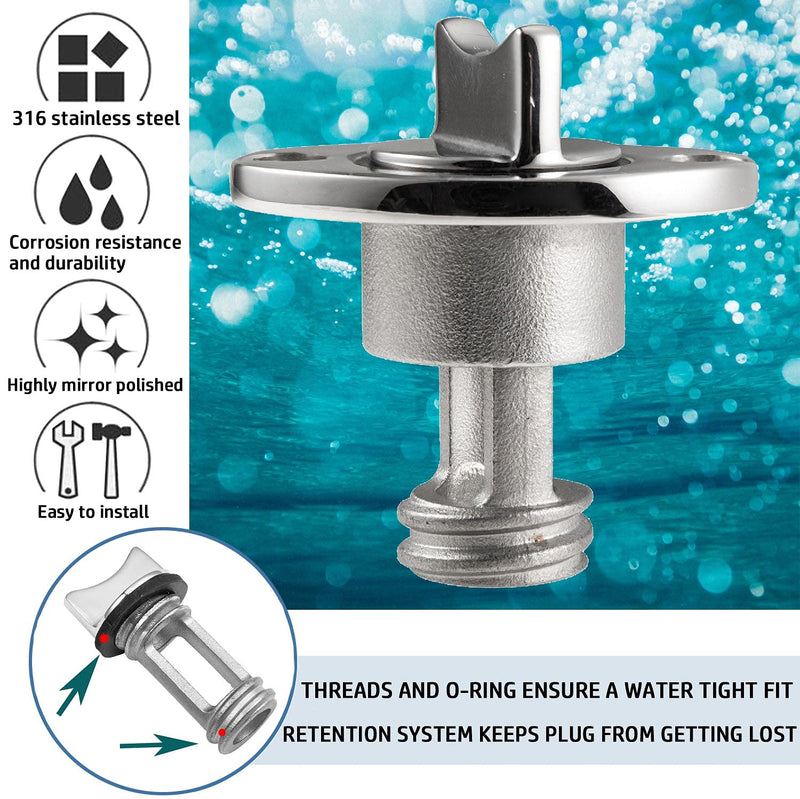 2 Pcs Oval Garboard Drain Plug,316 Stainless Steel Marine Drain Plug Kit Fits 1" Hole,with Waterproof O Seal Ring,Boat Transoms Garboard Drain Plug