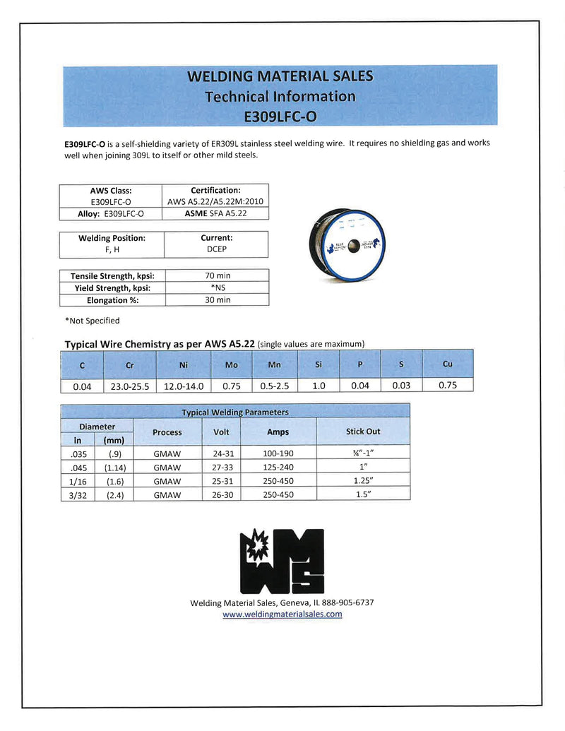 Blue Demon 309LFC-O .035" X 1# Spool stainless steel flux core welding wire 0.035