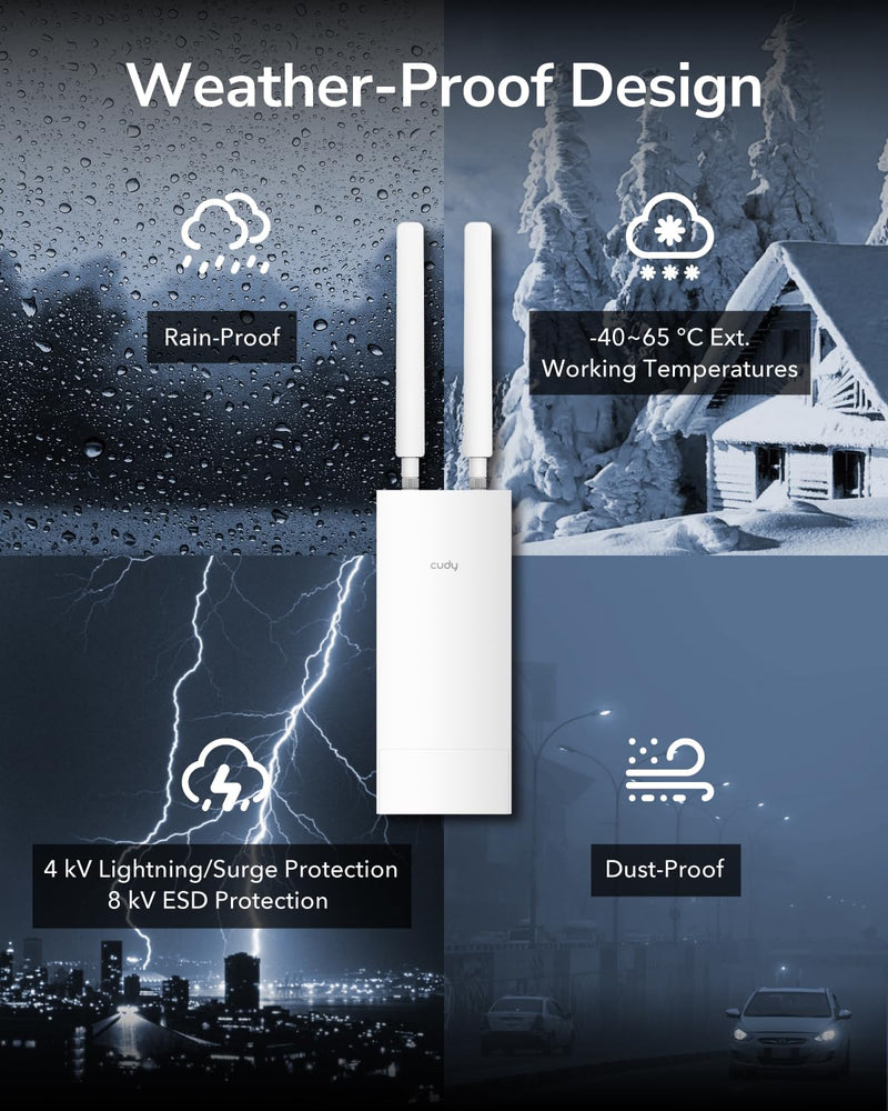 Cudy Outdoor AC1200 Gigabit Wireless Access Point, Outdoor WiFi Extender, IP65 Water Proof, Gigabit RJ45, Beamforming, MU-MIMO, PoE Adapter Included, AP1300-Outdoor