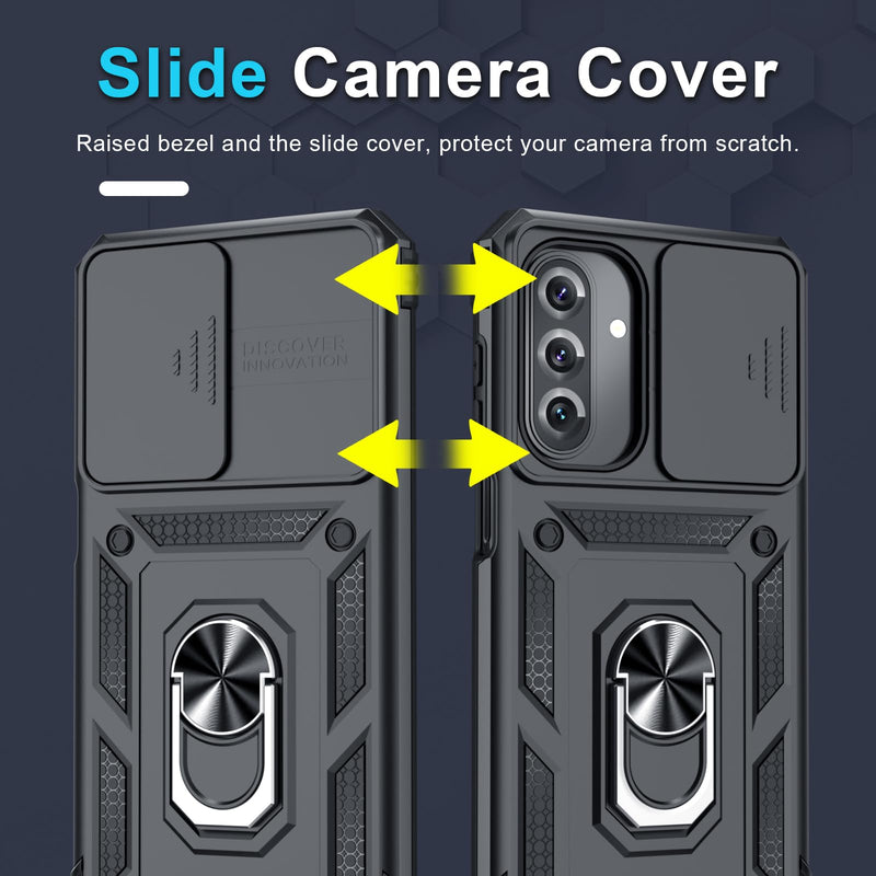 Janmitta for Samsung Galaxy A27 Case Built in Slide Camera Cover,Black | with Tempered Glass Screen Protector+Finger Ring Holder Kickstand,Heavy Duty Shockproof Full Body Phone Cover Black
