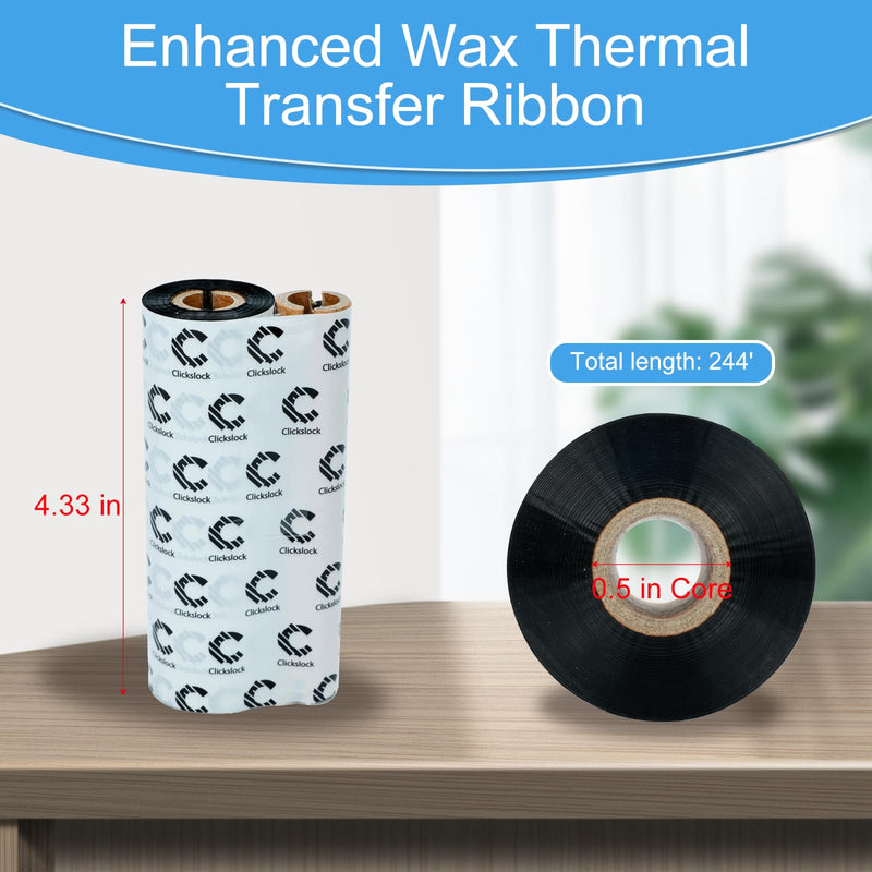 Enhanced Wax Thermal Transfer Ribbon, 4.33'' x 244', 4 Rolls | 110mm x 74m Black Barcode Label Printer Ribbon with 0.5" Core for Zebra Desktop Printers, Crisp, Durable Print Quality 4 Rolls-4.33''x244'