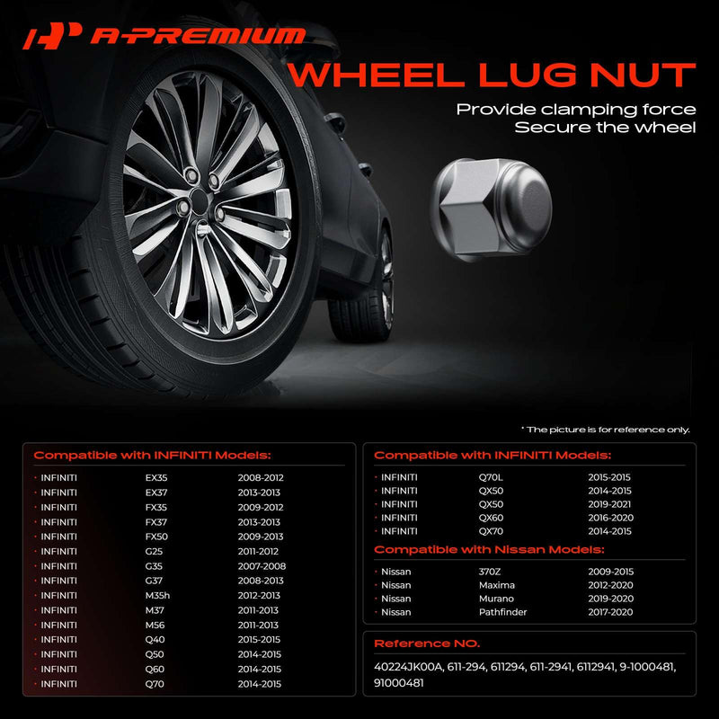 A-Premium M12-1.25 Wheel Lug Nuts Compatible with Nissan Pathfinder Maxima Murano 370Z INFINITI QX60 Q50 G25 G35 G37 QX50 Front and Rear Side 20-PC Set 20PCS