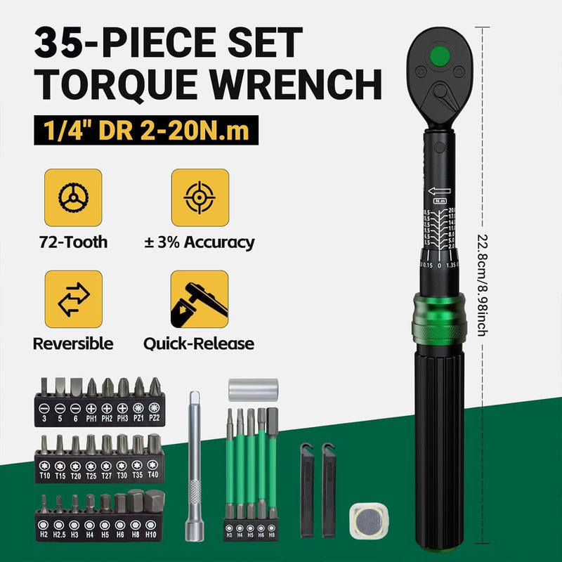 1/4" Bike Torque Wrench Set, 35 PCS Bicycle Click Torque Wrench and Bit Set, 17.7-177 in·lb/2-20Nm, Dual-Direction Adjustable 72 Tooth Ratchet, ±3% Accuracy, Road/Mountain Bike Cycling Tool Kit 35PCS (2-20 Nm)