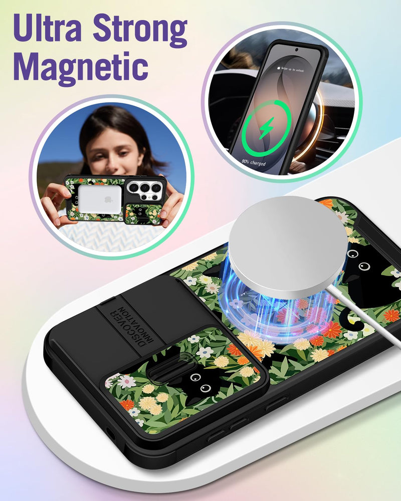 Buleens for Samsung Galaxy S26 Ultra Case - with Ring Stand & Camera Cover Aesthetic Cute Designed for Women Girls Girly Kawaii Cats Floral for Samsung S26 Ultra Phone Case Compatible with Magsafe Cat Flowers
