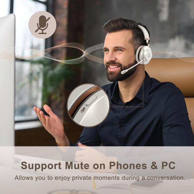 Wireless Headset with Mic for Work, Bluetooth Headset with Noise Cancelling Microphone, On Ear Wireless Headphones with USB Dongle & Mute Function for Work from Home Computer Office Teams Call Center White Gold