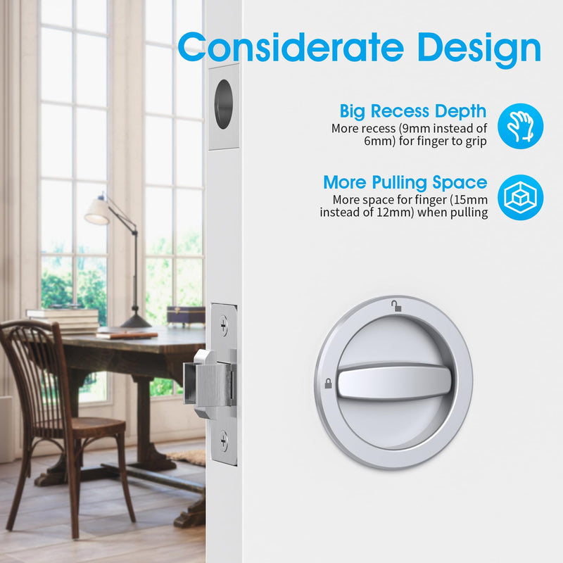 AST Round Pocket Door Lock with Edge Pull, Sturdy Privacy Bifold and Cavity Sliding Door Lock with Flush Pull, Replacement Hardware with Latch, Made of Zinc Alloy, Fingermark Proof, Satin Chrome Satin chrome - Round