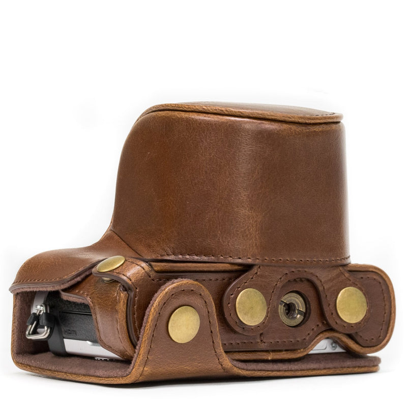 MegaGear Ever Ready Leather Camera Case compatible with Panasonic Lumix GX800, GX800 12-32mm Lens, DMC-GF8, DMC-GF7 Dark Brown