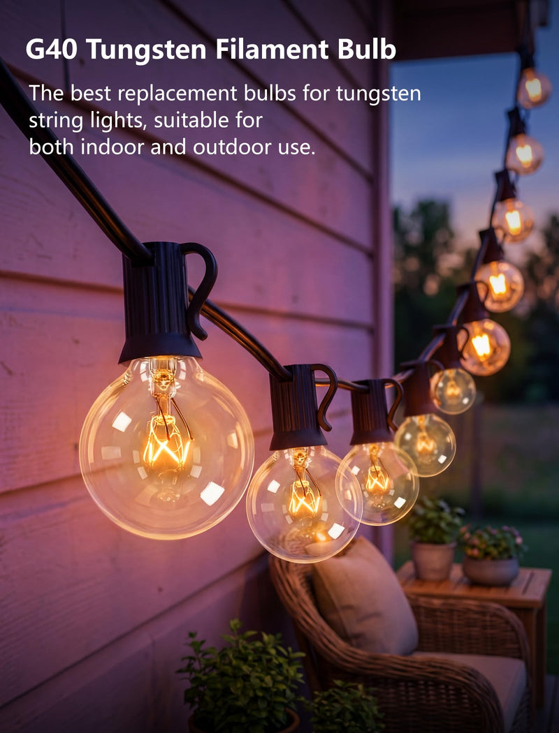 50 Pack G40 Replacement Bulbs for Outdoor String Lights, 5W Clear Incandescent Globe Bulbs with E12 Base, Dimmable Patio & Backyard Decor 5.0 Watts