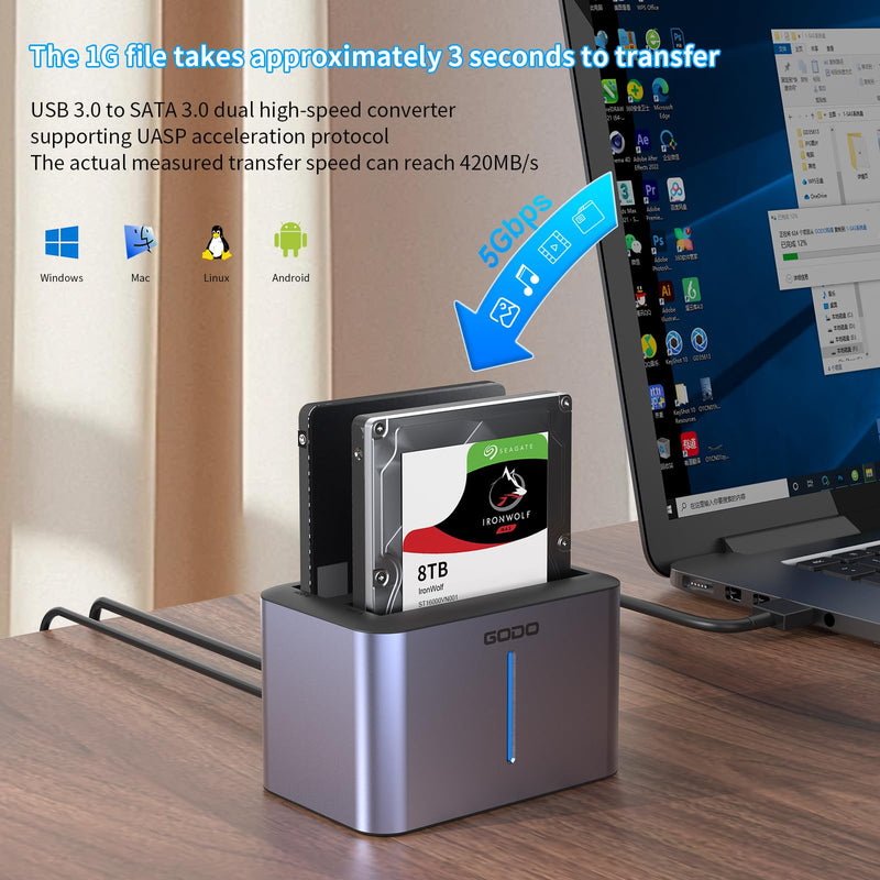GODO USB 3.0 to SATA I/II/III RGB Dual-Bay Aluminum External Hard Drive Enclosure, Compatible with 2.5-inch SATA HDDs and SSDs, Supports up to 2×8TB Drives