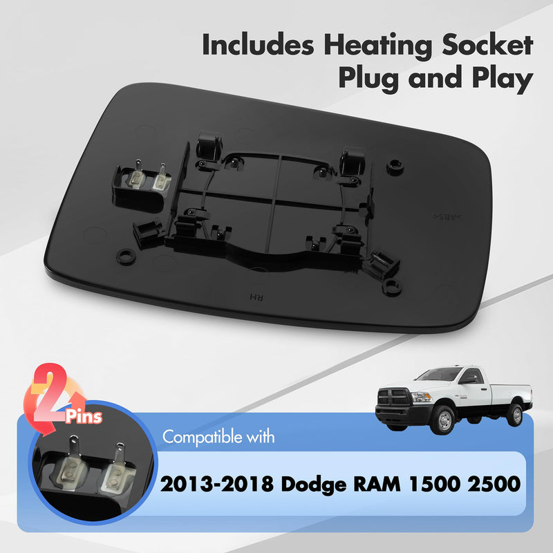 Compatible with Dodge Ram 1500 2500 Passenger Side Mirror Glass, 2013 2014 2015 2016 2017 2018 - Right Side Replacement Tow Mirrors, Power Heated, Chrome, with Rear Holder, 68079363AA Passenger Side（RH）