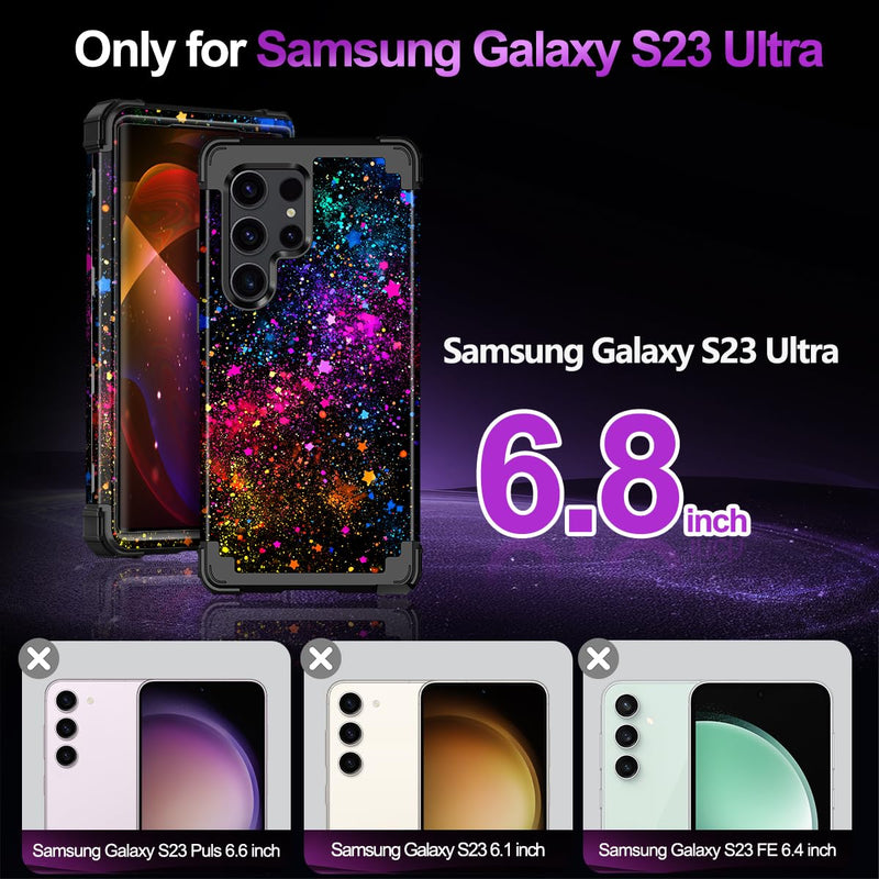 Casetego for Galaxy S23 Ultra Case,Glow in The Dark Three Layer Heavy Duty Sturdy Shockproof Full Protection Rugged Hard PC+Soft TPU Bumper Case for Samsung Galaxy S23 Ultra 5G 6.8 inch,Colorful Sky All Black Colorful Sky-Glow in the Dark