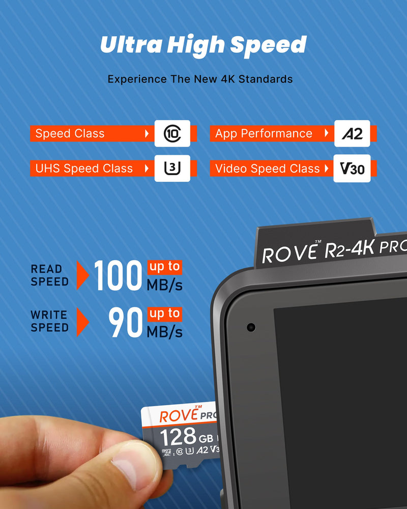ROVE PRO Micro SD Card microSDXC 128GB Memory Card with Full-Size SD Adapter 100MB/s Read Speed, C10, U3, V30, 4K, A2 for Dash Cam, Android Smart Phones, Tablets, Games