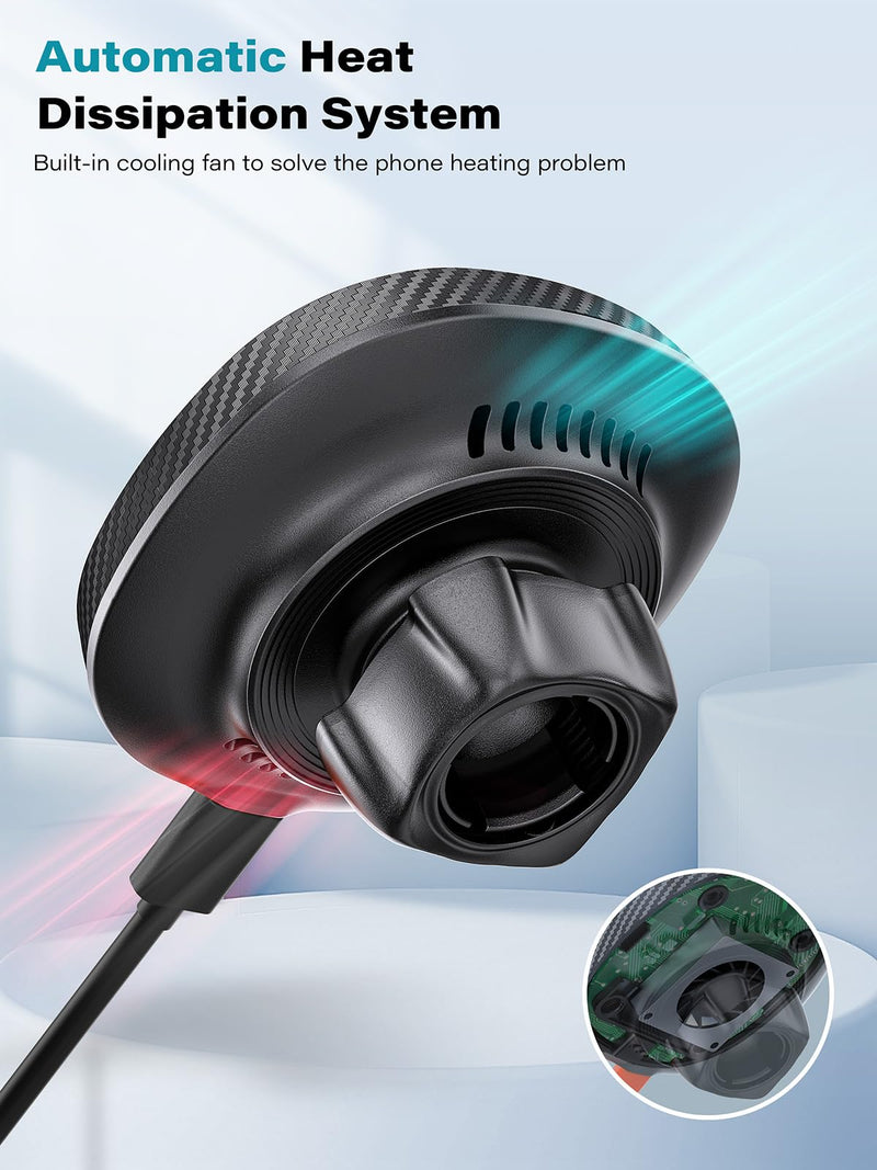 EXELIQ for Qi2 15W Magsafe Car Mount Charger, Magnetic Car Cup Phone Holder | Heat Dissipation Fan, Wireless Fast Charging, Tri-Pivot Cup Holder Phone Mount for iPhone 17 16 15 14 13 12 [PD 30W Adapter]