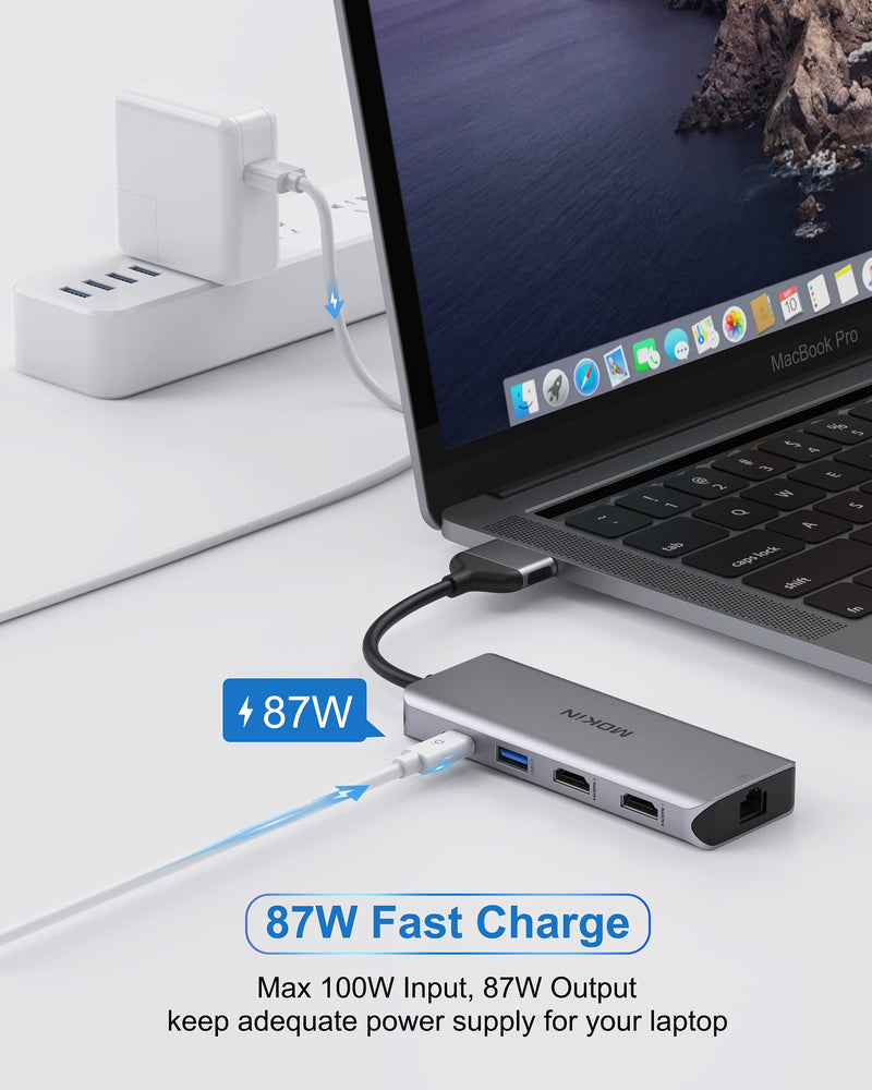 MOKiN MacBook Pro Docking Station Dual Monitor MacBook Pro/Air HDMI Adapter | 9 in 1 USB C Adapters for MacBook Pro Air Mac HDMI Dock Dongle Dual USBC to Dual HDMI,Ethernet,3USB,SD/microSD,100W PD grey