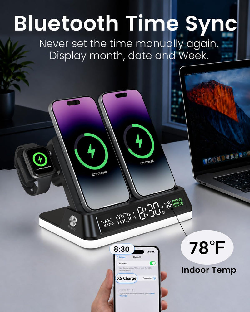 7 in 1 Wireless Charging Station with Auto-Sync Clock Sunset Night Light | Wireless Charger Stand for iPhone 17 16 15 14 Pro Max, Nightstand Charging Station for Apple Watch for AirPods, Indoor Temp