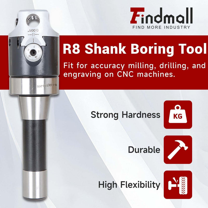 findmall 2" Boring Head R8 Shank Boring Tool Set, 9pcs 1/2" Carbide Boring Bar Set Milling Fit for Milling Machine, Thread 7/16-20"
