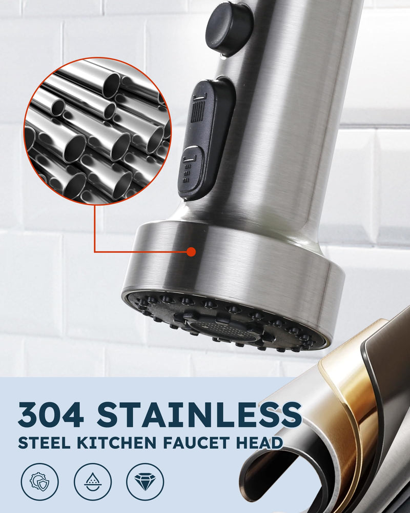 Stainless Steel Kitchen Faucet Head: ARCORA 3-Function Kitchen Faucet Head Replacement with 13 Adapters - Brushed Nickel Pull Down Spray Head Compatible with Moen, Delta, American Standard Faucets Stainless Steel