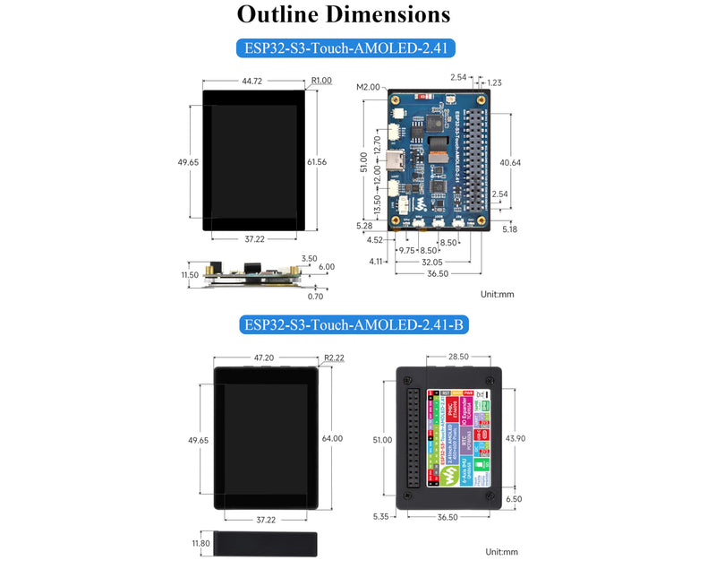 ESP32-S3 2.41inch AMOLED Touch Display Development Board, 600x450, 32-bit LX7 Dual-core Processor, Onboard Accelerometer and Gyroscope Sensor, ESP32 with Display (with Case Version)
