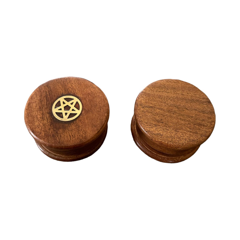 Wood Food Spice Herb Grinder Wooden Brass Inlay Pentagram, 3 inch